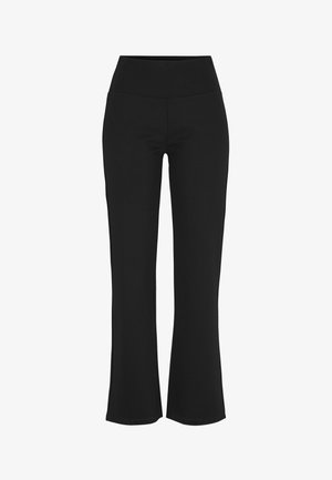 Zwarte uitlopende broek met een hoge taille, gemaakt van een gladde, rekbare stof. Heeft een eenvoudig ontwerp zonder zichtbare patronen of hardware.