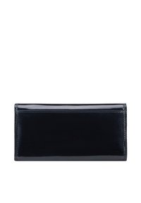 Niebieski skórzany portfel, prostokątny kształt, gładka, błyszcząca tekstura, minimalne detale szwów, bezpieczne zapięcie, brak widocznych elementów metalowych.