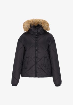 Sort boblejakke med en pelsforet hætte, quiltet design, lynlås foran og to frontlommer. Manchetter med elastiske bånd for pasform.