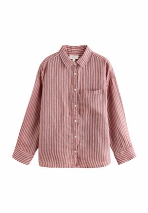Koszula z długim rękawem zapinana na guziki, z białymi i zakurzonymi różowymi pionowymi paskami oraz kieszenią na przedzie na piersi.