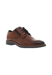 Chaussure en cuir marron à lacets avec une finition lisse, des accents noirs contrastants, un bout rond et une semelle en caoutchouc texturée.