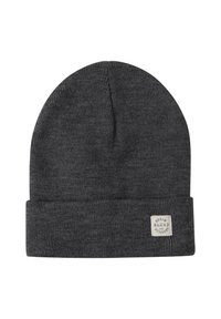 Gray knit beanie with a folded cuff. Made of soft fabric, features a rectangular tag with "Denim Blend" branding. Uniform texture throughout.