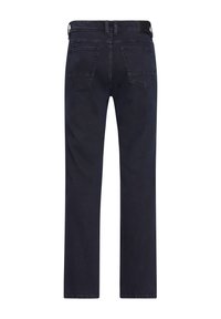 Dark blue denim jeans with a straight leg, featuring two back pockets, simple stitching, and a smooth texture. No visible embellishments.