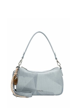 Lichtblauwe, getextureerde handtas met korte handgreep, afneembare riem, beige koordkwast en ovale, amberkleurige hanger aan de zijkant.