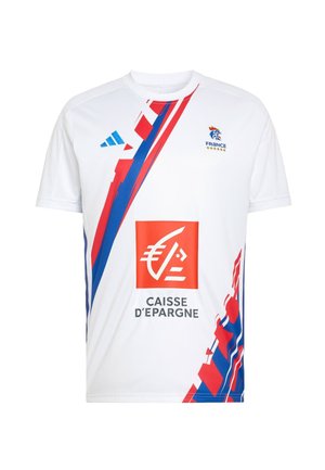 Camiseta deportiva blanca con rayas diagonales rojas y azules, cuello redondo, logo de Adidas y marca "Caisse d’Epargne".