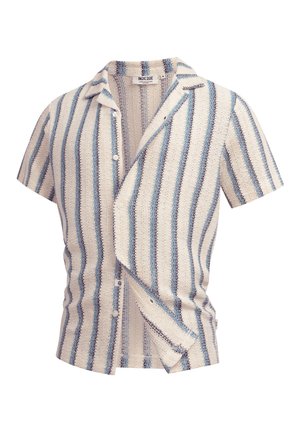 Korte mouwen geweven overhemd met verticale blauwe, beige en bruine strepen, knoopsluiting aan de voorkant en open kraag.