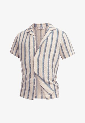 Chemise à manches courtes en tissu tissé avec des rayures verticales bleu, beige et marron, boutonnée sur le devant, et col ouvert.