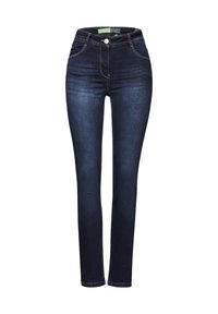 Vaqueros de mezclilla azul oscuro con cintura alta, ajuste skinny, cinco bolsillos y costuras amarillas en contraste. Textura suave con un desvanecimiento mínimo.
