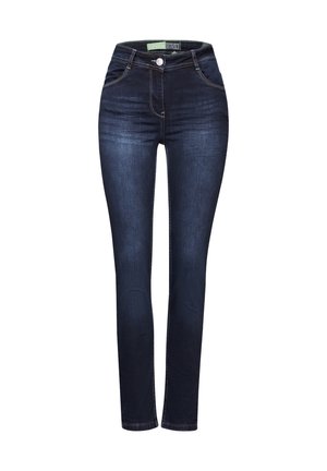 Mörkblå denimjeans med hög midja, smal passform, fem fickor och kontrasterande gula sömmar. Slät textur med minimal blekning.