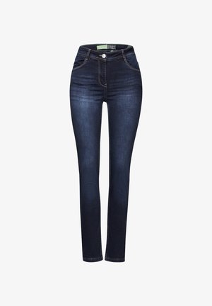 Dunkelblaue Denim-Jeans mit hoher Taille, schmaler Passform, fünf Taschen und kontrastierenden gelben Nähten. Glatte Textur mit minimaler Ausbleichung.