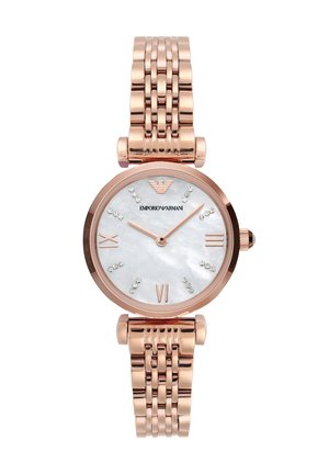Rose gold watch with a round case, mother-of-pearl dial, Roman numerals, and crystal accents. Features a linked metal bracelet.