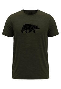 Olivegrünes T-Shirt aus weichem Material mit einem geometrischen schwarzen Bärenmotiv auf der Vorderseite. Kurzärmlig und mit Rundhalsausschnitt.
