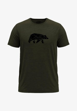 Camiseta verde oliva hecha de tela suave, con un diseño geométrico de un oso negro en el frente. Mangas cortas y cuello redondo.