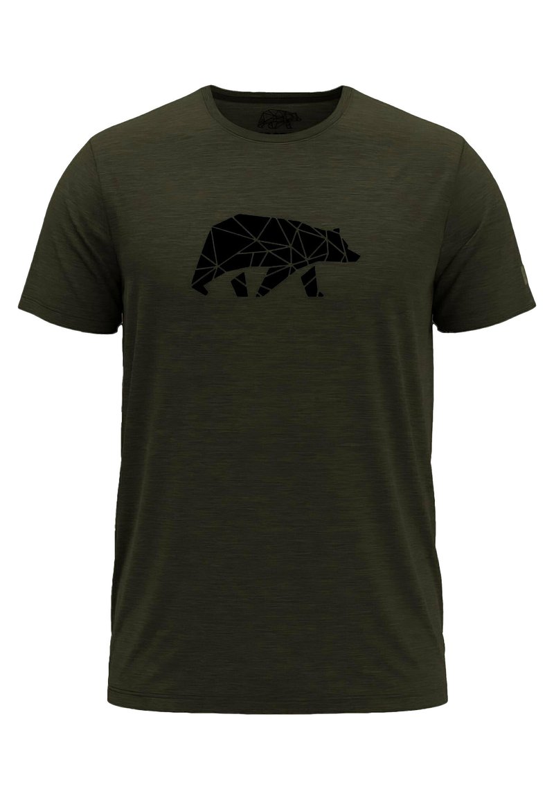Olivegrünes T-Shirt aus weichem Material mit einem geometrischen schwarzen Bärenmotiv auf der Vorderseite. Kurzärmlig und mit Rundhalsausschnitt.