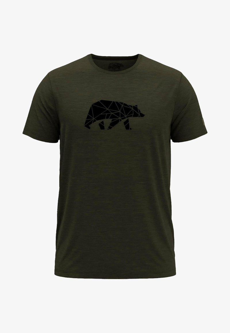 Camiseta verde oliva hecha de tela suave, con un diseño geométrico de un oso negro en el frente. Mangas cortas y cuello redondo.