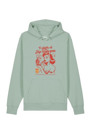Hellgrüner Hoodie mit rotem Retro-Design einer Frau, die Lippenstift aufträgt, mit Text "Polished for the Apocalypse" und Preisschild 99 Cent.