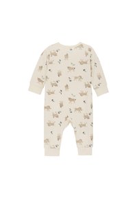 Beige baby romper med lange ærmer, med et gentaget print af brune dyr og greenery. Blødt bomuldsstof og ankelflader.