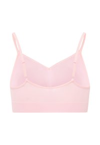 Lichtroze naadloze bralette met verstelbare dunne bandjes en een brede onderband, van achteren getoond op een witte achtergrond.
