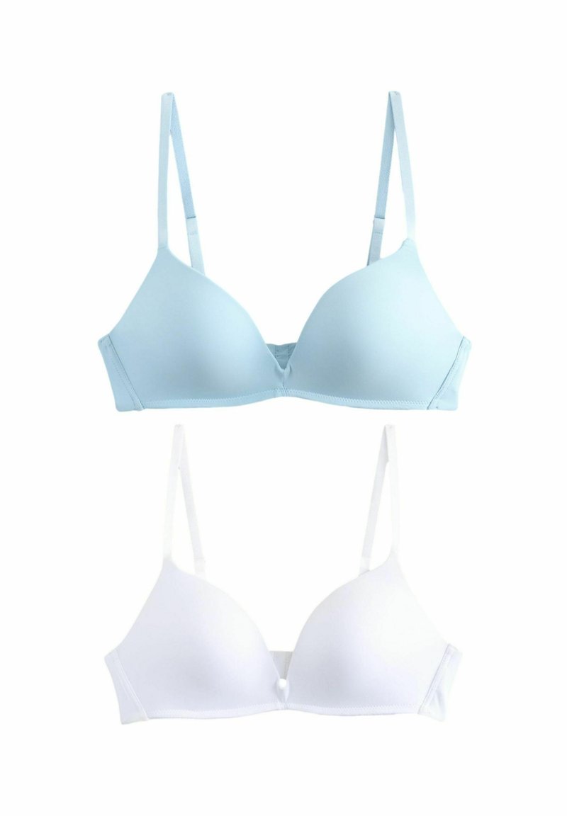 Deux soutiens-gorge rembourrés, l'un en bleu clair et l'autre en blanc. Les deux ont des bretelles réglables et un design lisse et sans coutures.