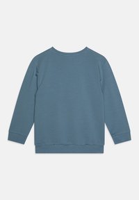 Sweatshirt bleu à manches longues, col rond et poignets côtelés. Fabriqué en tissu doux avec une texture lisse, présentant un design uni.