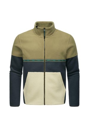 Kurtka polarowa z zamkiem błyskawicznym, z jasnooliwkową górną częścią, ciemnoniebieską dolną częścią i kremową kieszenią; zawiera kolorowy poziomy pasek.