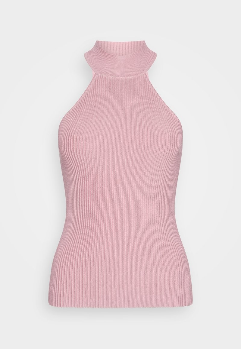 Haut halter rose côtelé avec un design à col haut, mettant en avant un tissu texturé et une silhouette ajustée. Pas de motifs ou d'ornements visibles.