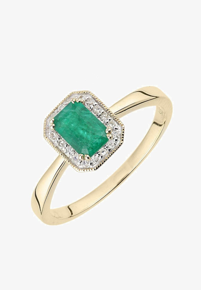 Zelta gredzens ar smaragda formā izgrieztu smaragdu, ko ieskauj mazi aplīši dimanti, ar pulētu zelta joslu un sešstūra halo dizainu.