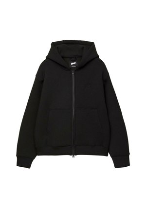 Felpa nera con zip, cappuccio, due tasche frontali, polsini e orlo a coste. Realizzata in un tessuto morbido con un design minimalista e un sottile dettaglio del logo.