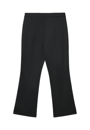 Pantalon noir évasé à la texture lisse, doté d'une large ceinture et de coutures nettes, conçu pour une coupe décontractée le long de la jambe.