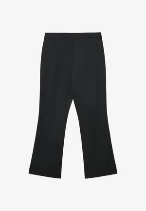 Pantaloni neri a zampa d'elefante con una texture liscia, caratterizzati da una vita larga e cuciture pulite, progettati per una vestibilità rilassata lungo tutta la gamba.