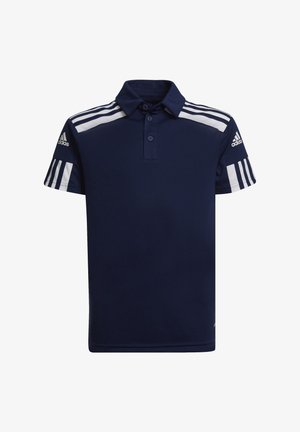 Polo blu navy con placket a due bottoni, dettagli bianchi a tre strisce sulle spalle e logo Adidas sulla manica sinistra. Tessuto morbido.
