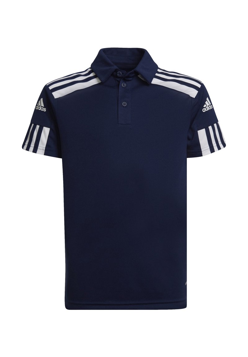 Polo blu navy con placket a due bottoni, dettagli bianchi a tre strisce sulle spalle e logo Adidas sulla manica sinistra. Tessuto morbido.