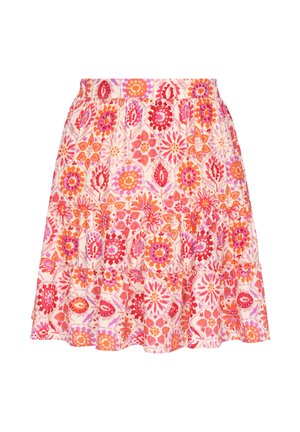 Schwingender Rock mit abgestuftem Design, der lebhafte Blumen- und geometrische Muster in Pink, Orange, Rot und Lila auf hellem Hintergrund zeigt.