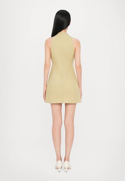 Rochie fără mâneci, până la genunchi, de culoare galben deschis, cu un guler înalt, cu corset ajustat și fustă evazată. Textură netedă și detalii de design minime.