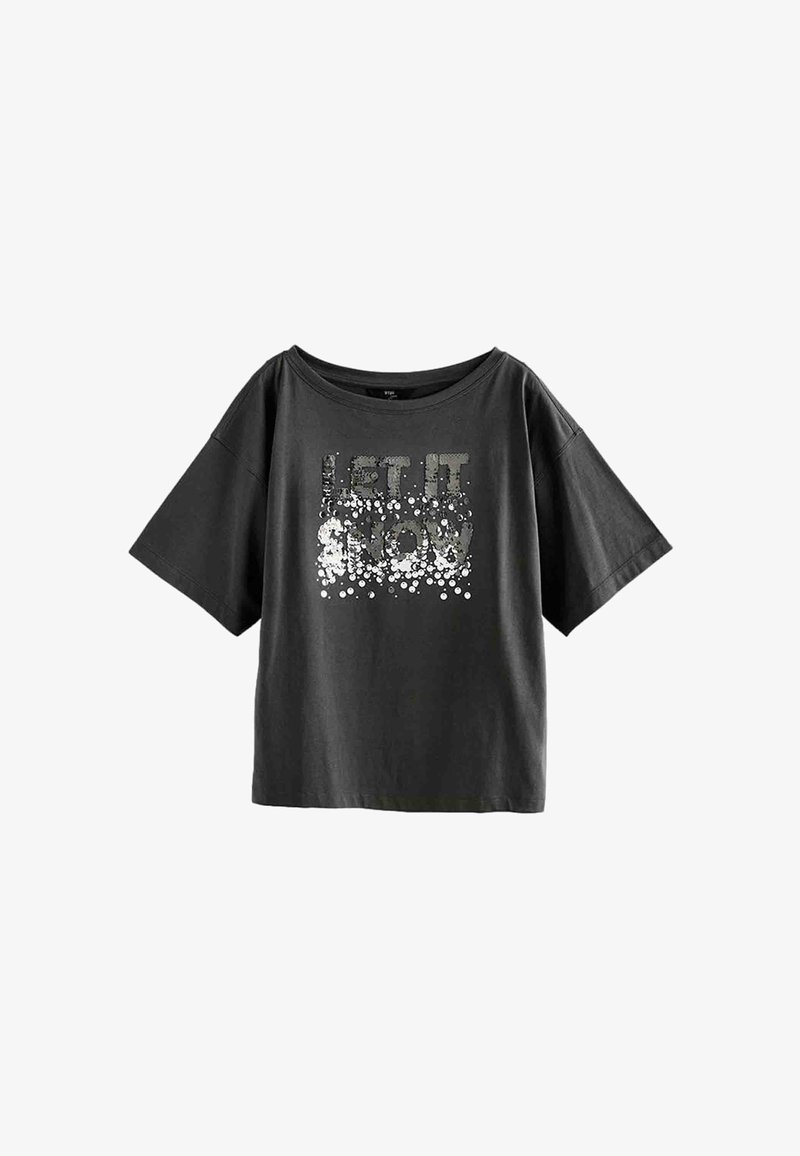 Black short-sleeve t-shirt with a wide neckline and a sequin-embellished graphic reading "LET IT SNOW" in silver and white.