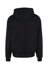 Sweat-shirt à capuche noir à manches longues, avec poignets et ourlet côtelés, présenté de dos sur un fond blanc.