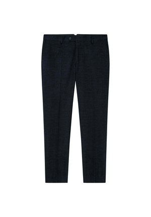 Pantalones oscuros de hombre en azul marino, confeccionados con una tela texturada. Presentan un cierre de botón, trabillas para cinturón y un diseño ajustado.