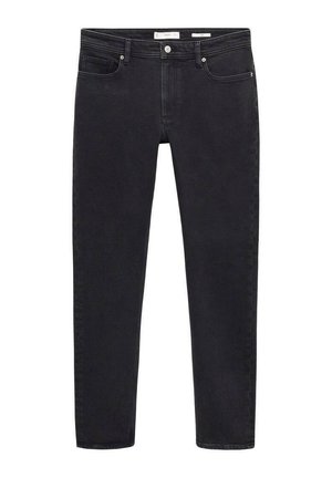 Musta farkkutakki slim-fit-leikkauksella, jossa on klassinen viisi-taskun muotoilu, nappisulku ja hienovaraiset tikkausompeludet taskuissa.