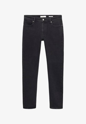 Black denim jeans with a slim fit, featuring a classic five-pocket design, button closure, and subtle stitching details on the pockets.