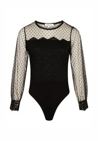 Zwarte bodysuit met doorschijnende long sleeves met stippen en kantdetails bij de halslijn. Heeft een aansluitende vorm en kantafwerking bij de mouwranden.