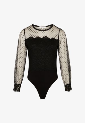 Black bodysuit with sheer polka dot long sleeves and lace detailing at the neckline. Features fitted shape and lace trim at sleeve edges.