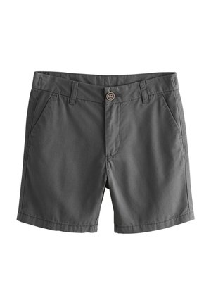 Gray shorts made of lightweight fabric. Features a button closure, belt loops, two front pockets, and a clean, tailored design.