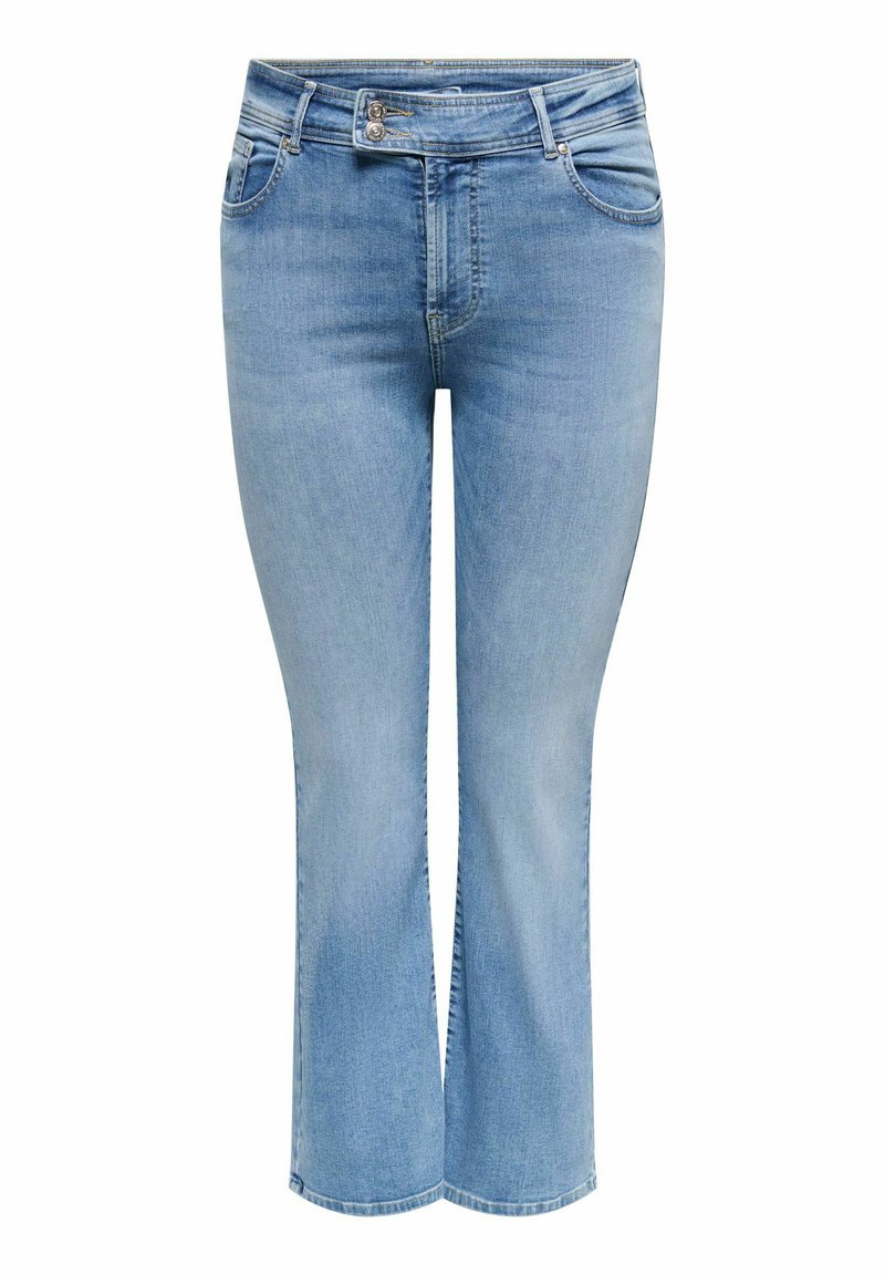 Svetlomodré riflové nohavice so zadnými vreckami, pútkami na opasok, dvojitým zapínaním na gombíky a miernym rozšírením v dolnej časti.