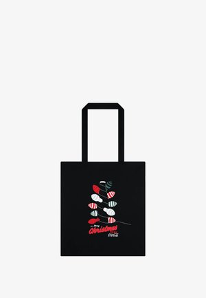 Borsa tote nera con due manici robusti, decorata con grafiche di lampadine natalizie colorate in rosso, verde e bianco, con il testo "Buon Natale a tutti".