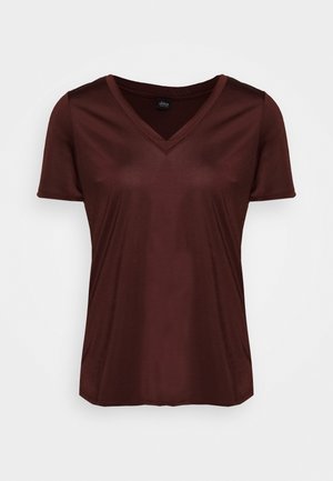 T-shirt pour femmes à manches courtes et col en V, de couleur brun foncé, en tissu lisse et coupe régulière.