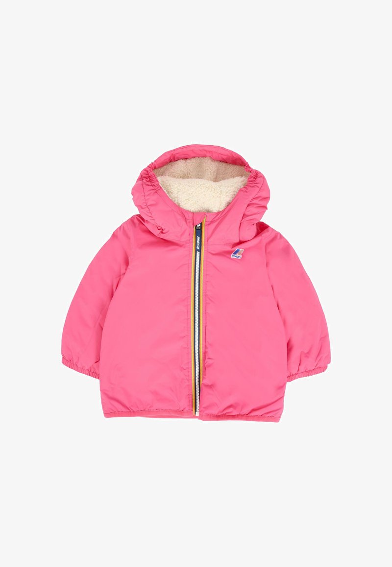 Giacca imbottita rosa con fodera interna soffice crema, cappuccio, polsini elasticizzati e chiusura con zip dotata di una cerniera multicolore.