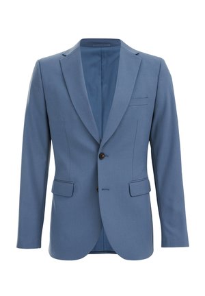 Sacou bleu deschis, croipat, cu o textură netedă, închidere cu un singur nasture, rever tăiat și două buzunare frontale. Interior căptușit.