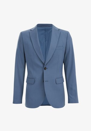 Blazer su misura azzurro chiaro con una texture liscia, chiusura con un solo bottone, revers a punta e due tasche frontali. Interno foderato.