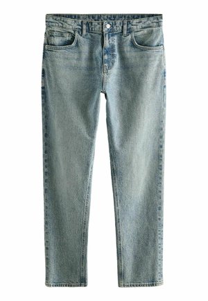 Light blue denim jeans with a slim fit, five pockets, button closure, and slight fading, featuring a straight leg design.