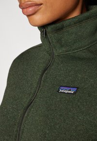 Grön fleece-tröja med hög krage, utrustad med dragkedja och en svart Patagonia-logotyp med blå, röd och vit accentfärger.